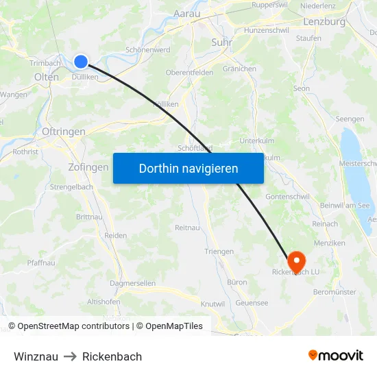 Winznau to Rickenbach map
