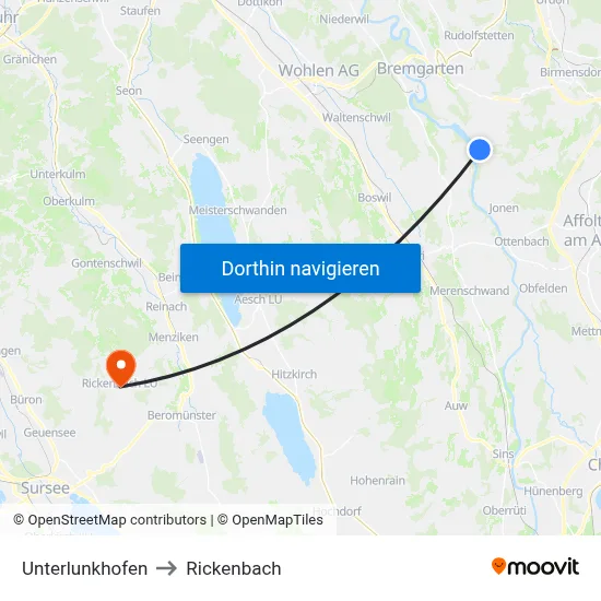 Unterlunkhofen to Rickenbach map