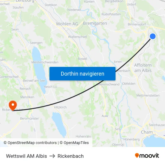 Wettswil AM Albis to Rickenbach map