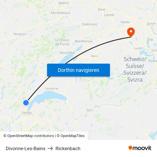 Divonne-Les-Bains to Rickenbach map