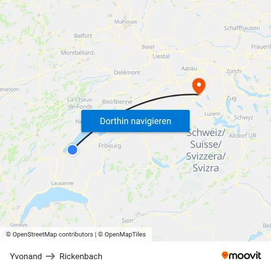 Yvonand to Rickenbach map