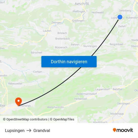 Lupsingen to Grandval map