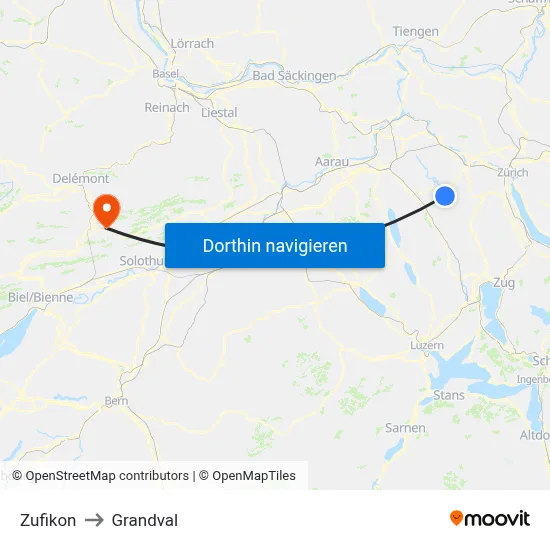Zufikon to Grandval map