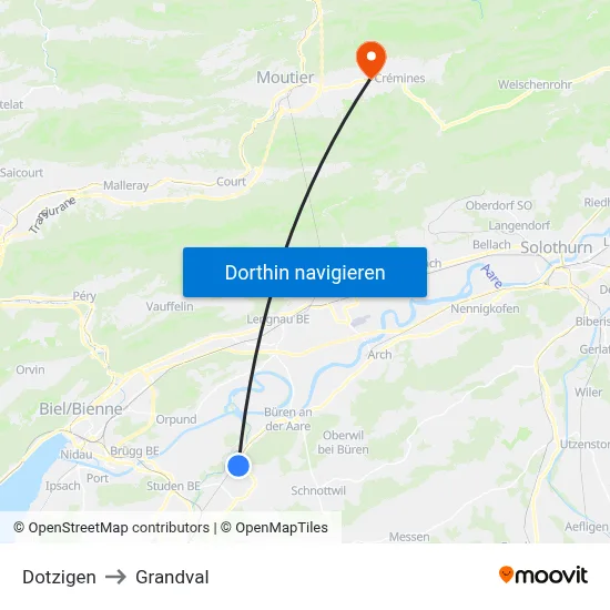 Dotzigen to Grandval map