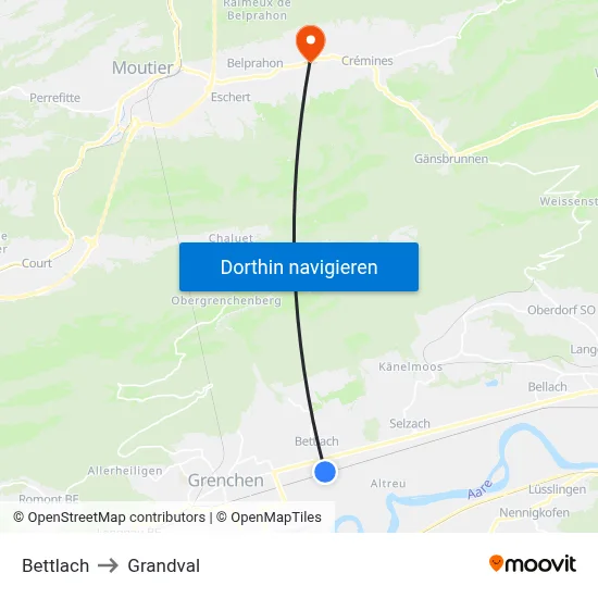 Bettlach to Grandval map