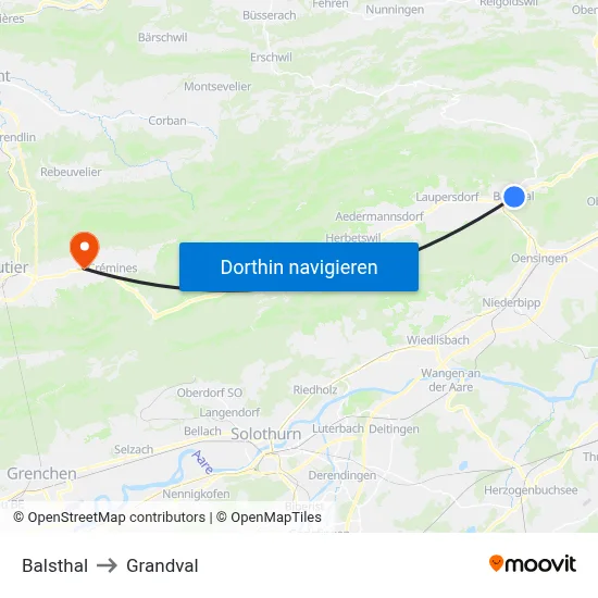 Balsthal to Grandval map