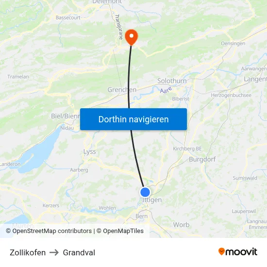 Zollikofen to Grandval map