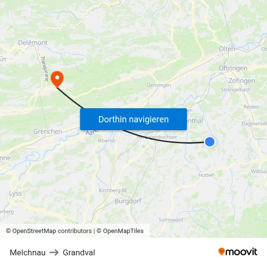 Melchnau to Grandval map