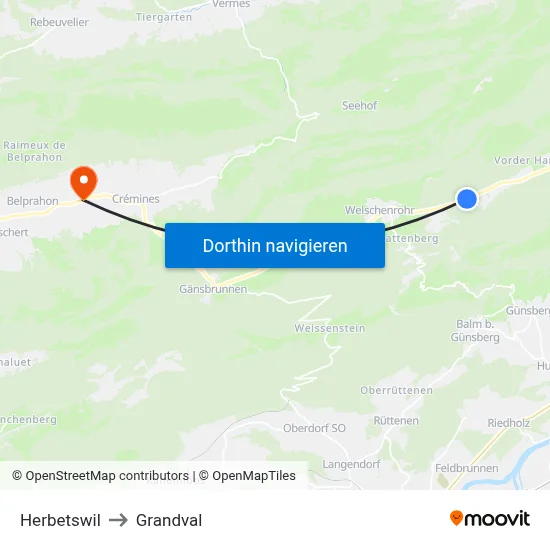 Herbetswil to Grandval map