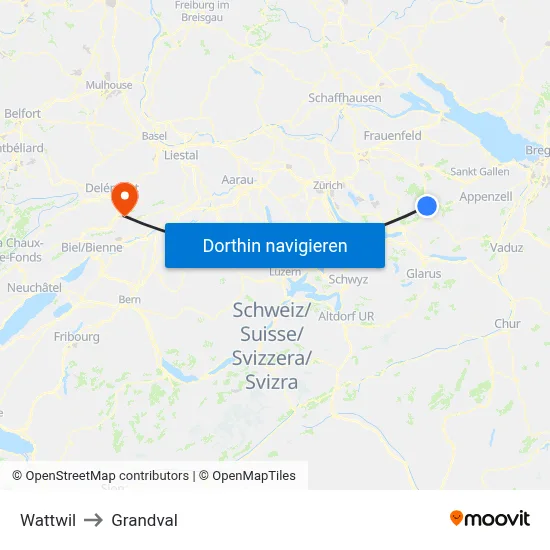 Wattwil to Grandval map