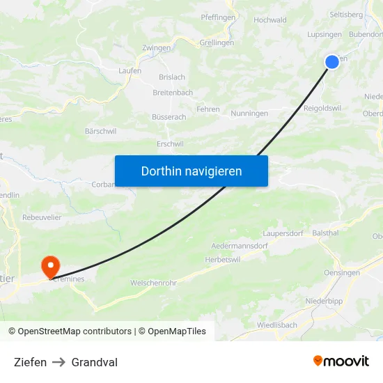 Ziefen to Grandval map