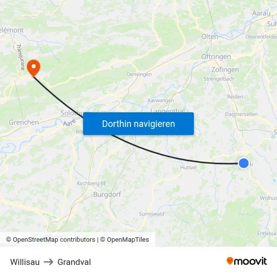 Willisau to Grandval map