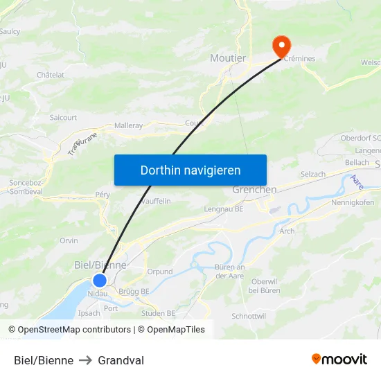 Biel/Bienne to Grandval map