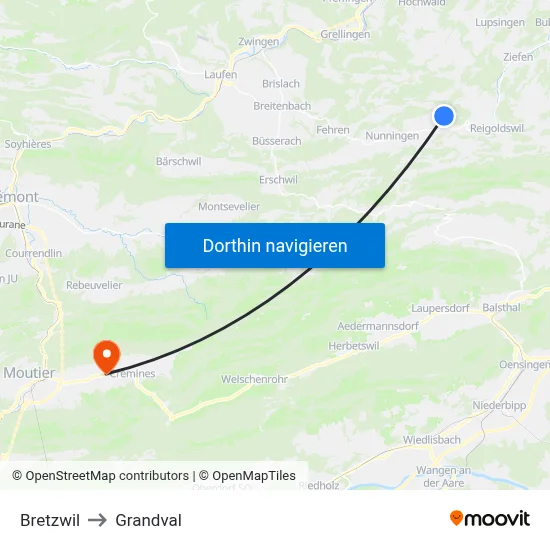 Bretzwil to Grandval map