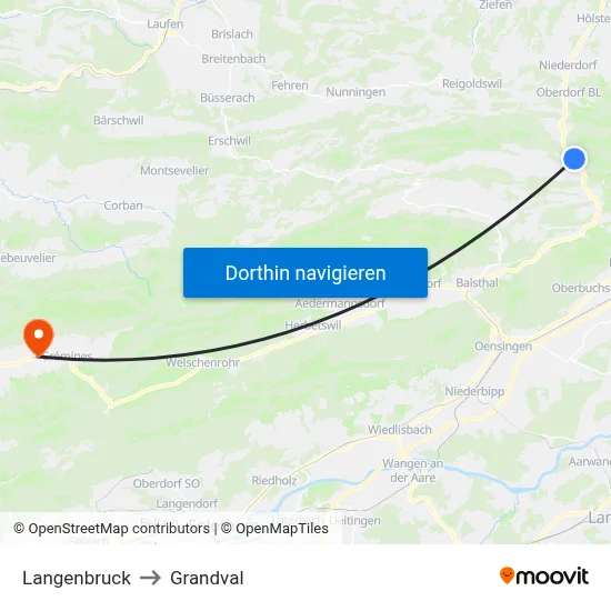 Langenbruck to Grandval map