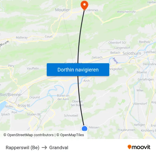 Rapperswil (Be) to Grandval map