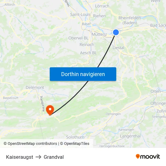 Kaiseraugst to Grandval map