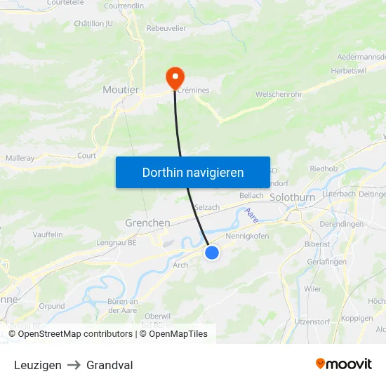 Leuzigen to Grandval map