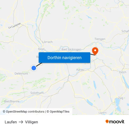 Laufen to Villigen map