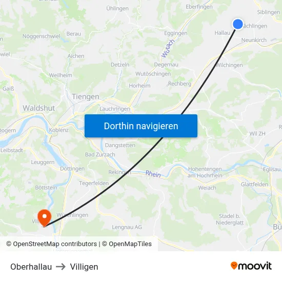 Oberhallau to Villigen map