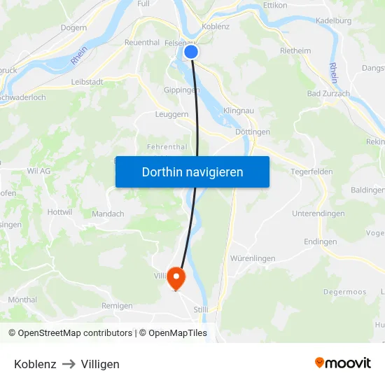 Koblenz to Villigen map