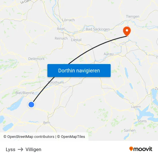 Lyss to Villigen map