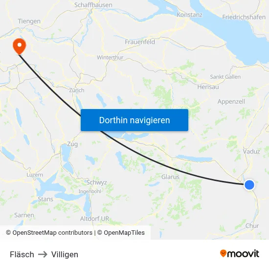 Fläsch to Villigen map