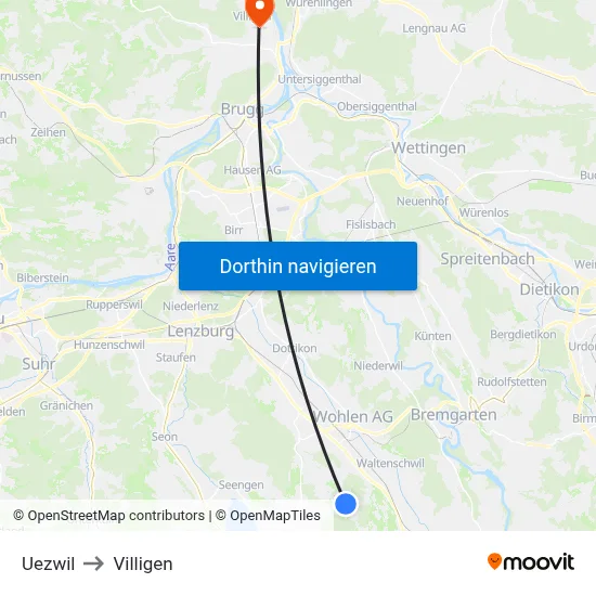 Uezwil to Villigen map