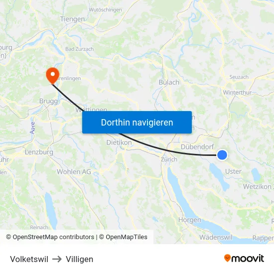 Volketswil to Villigen map