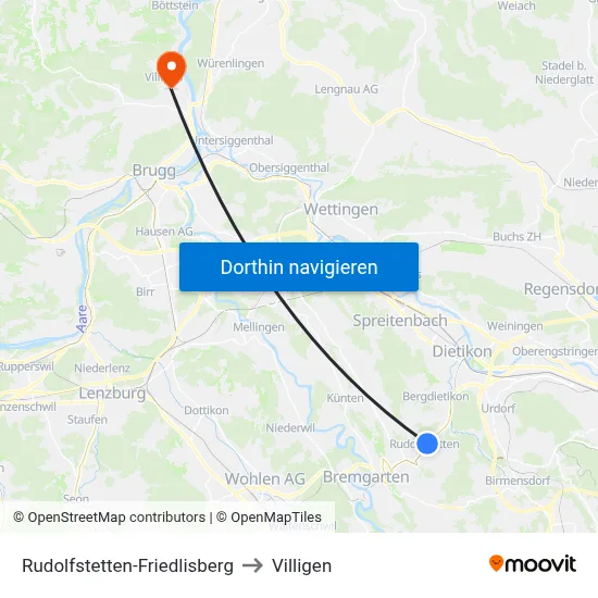 Rudolfstetten-Friedlisberg to Villigen map