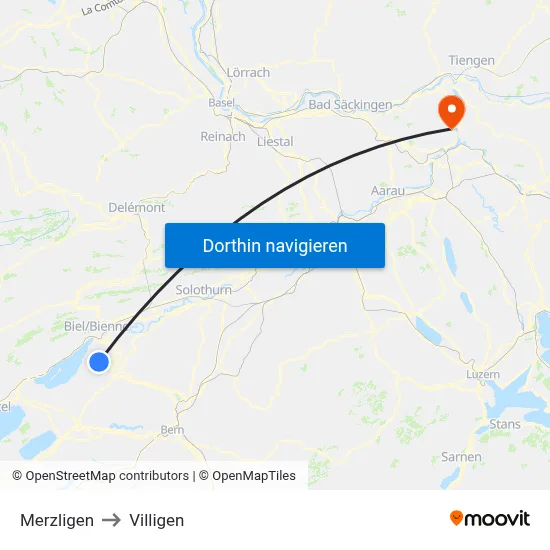 Merzligen to Villigen map