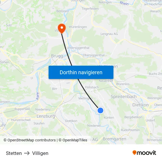 Stetten to Villigen map