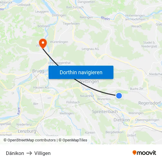 Dänikon to Villigen map