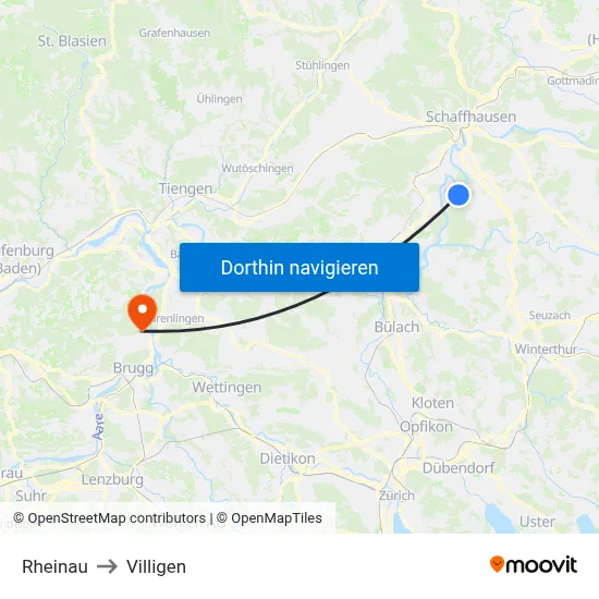 Rheinau to Villigen map