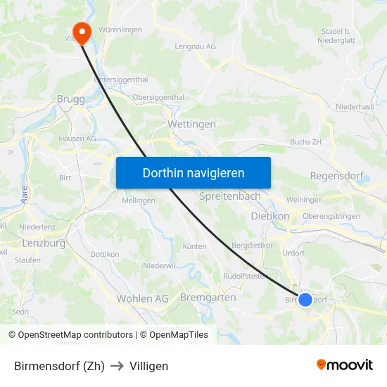Birmensdorf (Zh) to Villigen map