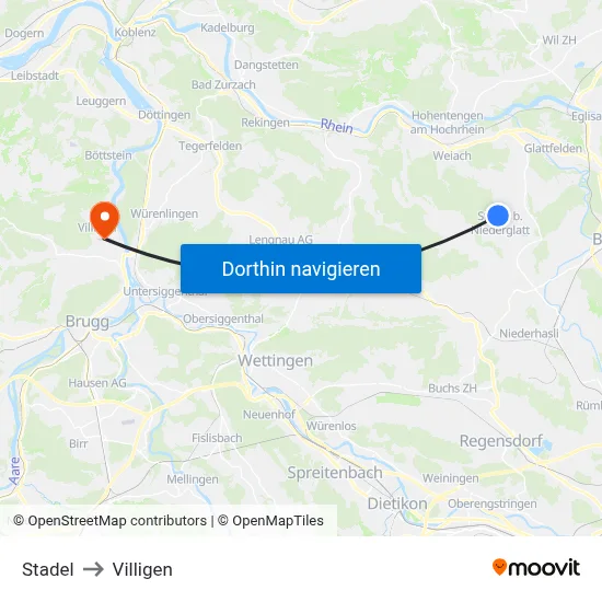 Stadel to Villigen map