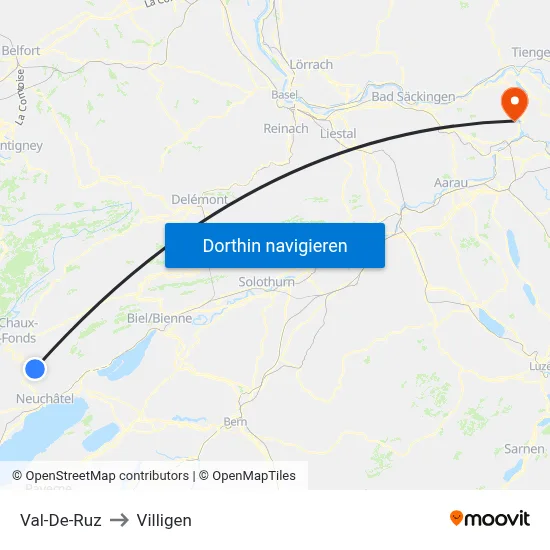 Val-De-Ruz to Villigen map