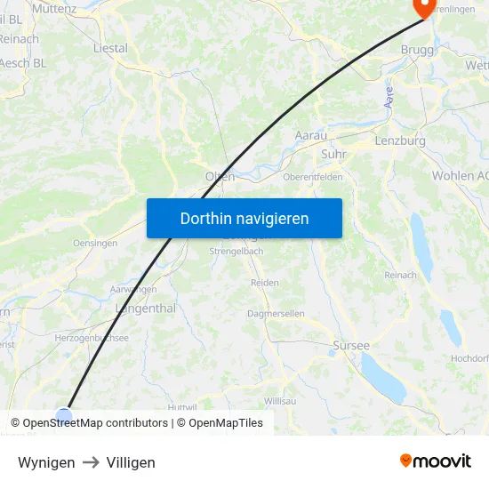 Wynigen to Villigen map