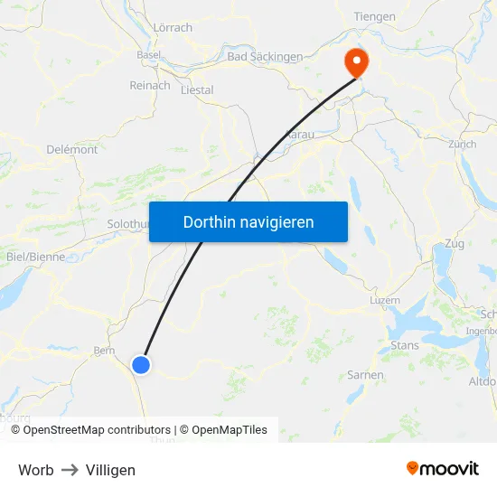 Worb to Villigen map