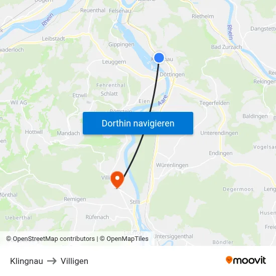 Klingnau to Villigen map