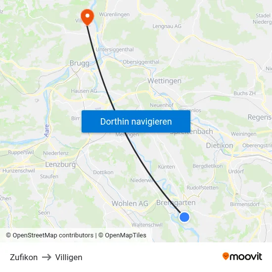 Zufikon to Villigen map