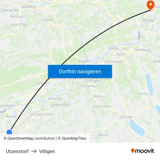 Utzenstorf to Villigen map