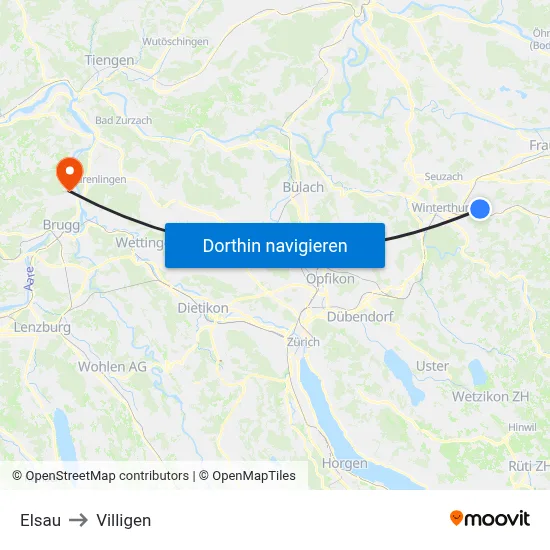 Elsau to Villigen map