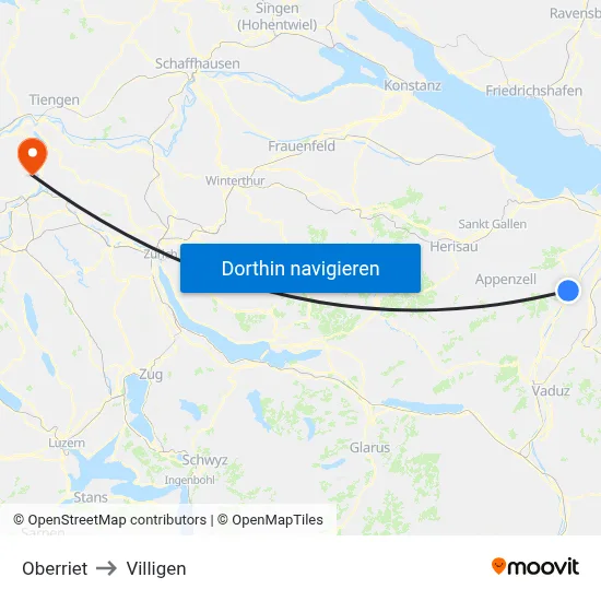 Oberriet to Villigen map