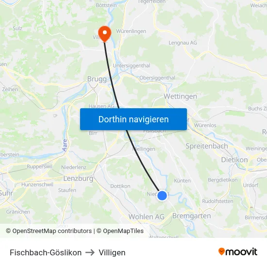 Fischbach-Göslikon to Villigen map