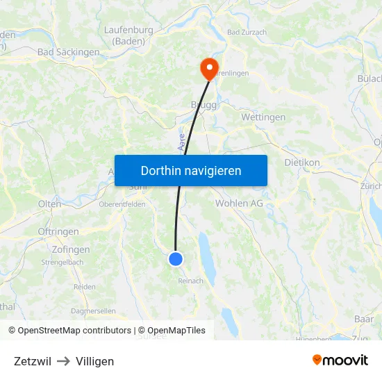 Zetzwil to Villigen map