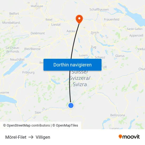Mörel-Filet to Villigen map
