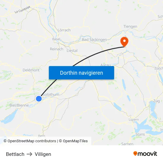 Bettlach to Villigen map