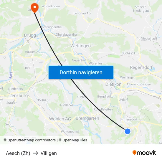 Aesch (Zh) to Villigen map