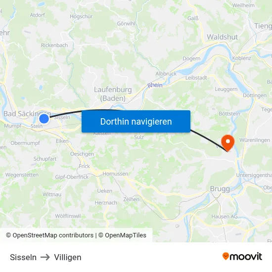Sisseln to Villigen map